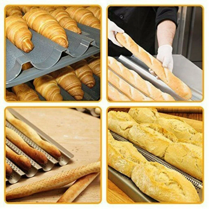 

4 Even Baguette Mold Household Kitchen Baking Oven Bread Long Baguette Mold Carbon Steel With Pores Non-stick DIY Baking Pan