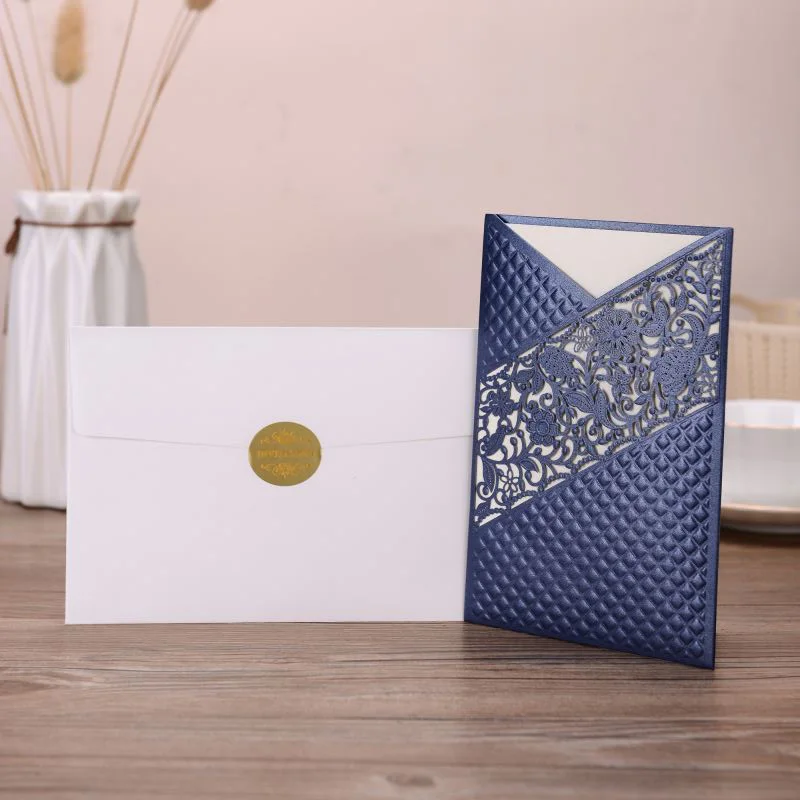 one set Blue 50 шт. синяя Золотая лазерная резка Флора свадебные приглашения карты кружева Роза поздравительные открытки настроить День рождения Свадебные украшения - Цвет: one set Blue
