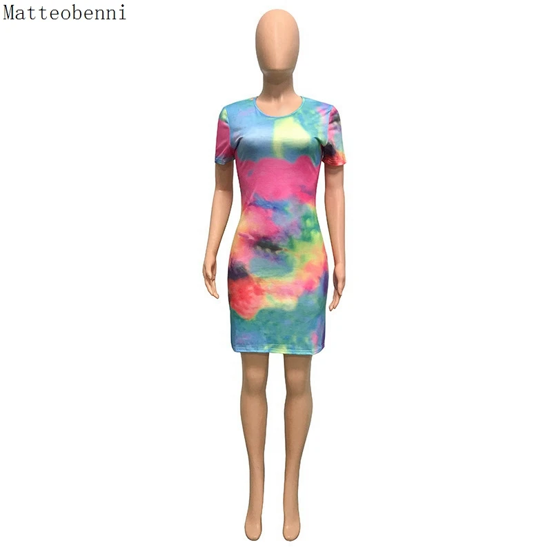 Сексуальные Платья с галстуком Tie-Dye женское летнее Мини-платье коротким рукавом