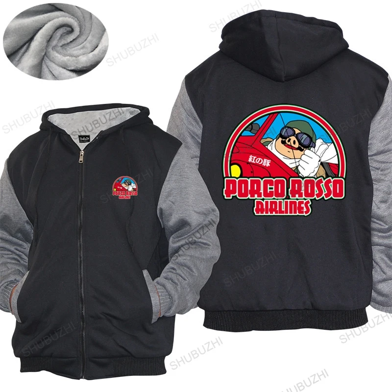 

Men Cotton hoodies winter Brand warm coat Porco Rosso Airlines men hoodies animal red pig Funny Fleece hoody euro size