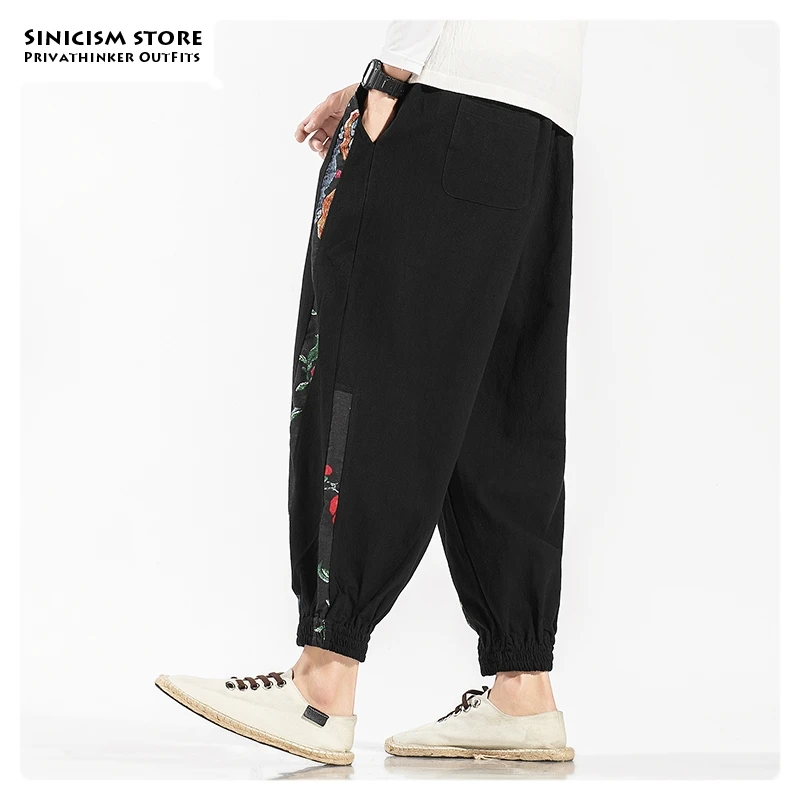 Sinicism Store Мужские штаны-шаровары в китайском стиле длиной до щиколотки мужские свободные черные брюки больших размеров мужские осенние хлопковые льняные брюки