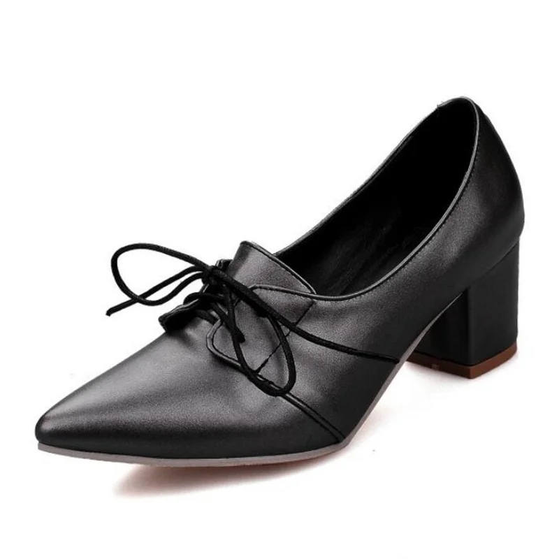 

British Style Pumps Student Shoes Women Med Square Heel Pointed Toe Lace-Up Office Lady Work Heels Casual Daily Shoes