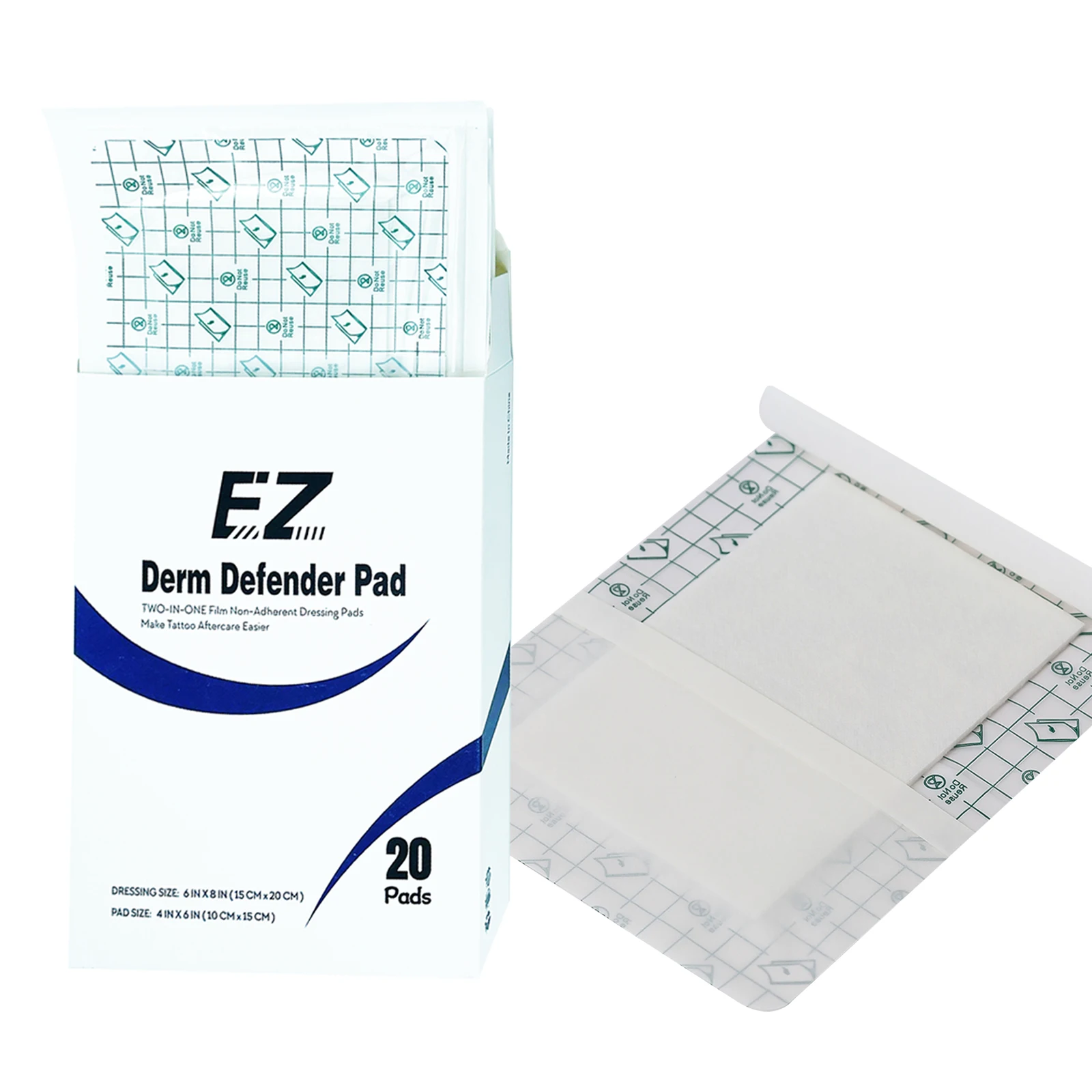 

EZ Derm Defender Pads 2-in-1 Film Non-Adherent Dressing Pads Tattoo Aftercare Cover Premium Bandage Breathable Flexible