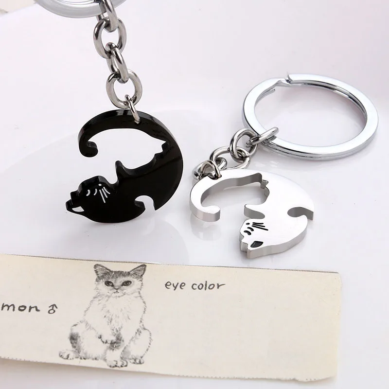 

2pcs Lazy Cat Keychain Key Ring Cute Love Cat Keychain Color Silver Black