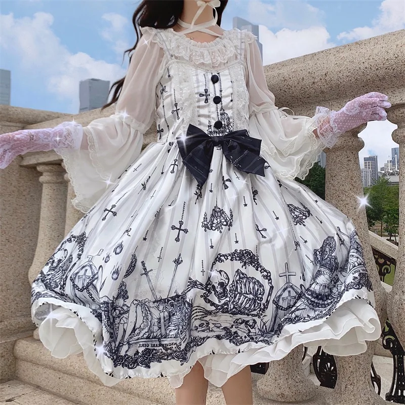 

Japanese Sweet Lolita Soft Girl Camisole Dress Kawaii Diablo Style Gothic Printing Ruffles Sleeveless Bow Lace Gauze JSK Dresse