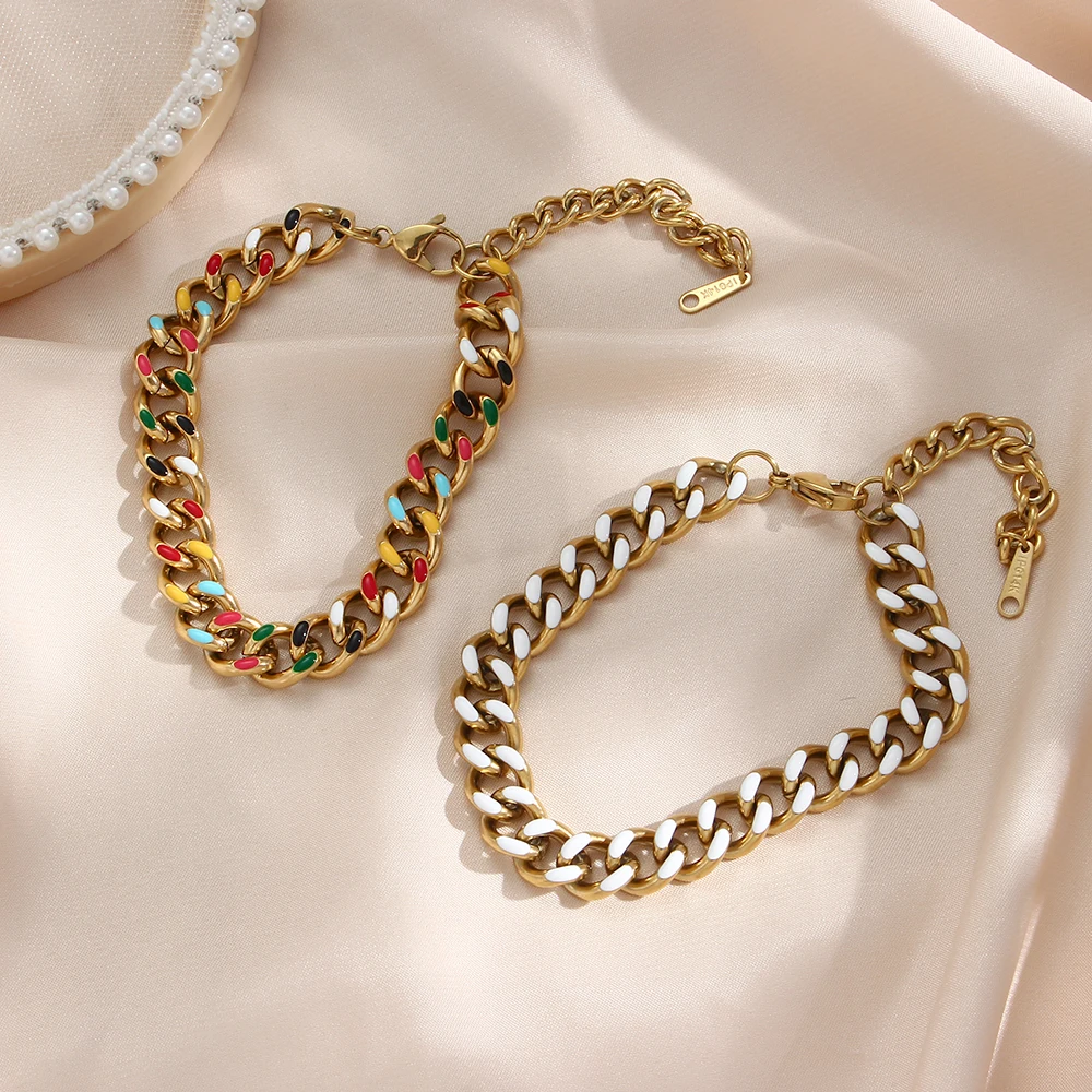 

2021 New Stylish Enamel Black Green White Colorful Cuban Chain Bracelets Bangles For Women Chunky Gold Stainless Steel Chain