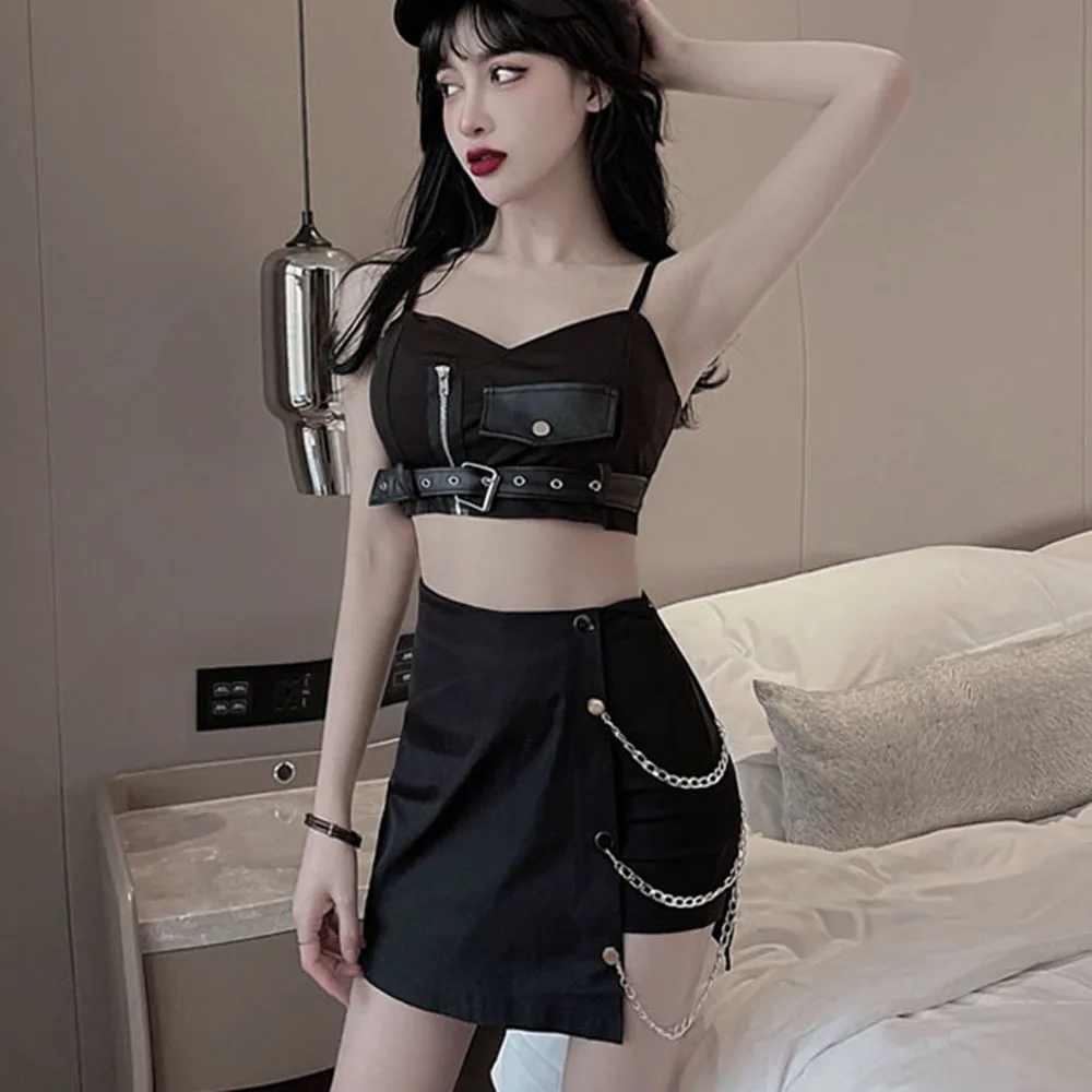 

High Street Skirt Fashion Hipster Designer Creative Casual Thin Simple Solid Color Chain High Waist Irregular