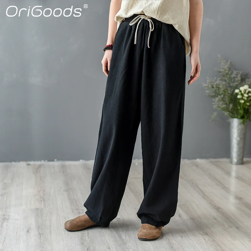 

Новинка 2022, Женские винтажные брюки OriGoods, весенне-осенние льняные шаровары из рами, свободные широкие женские брюки большого размера, C354