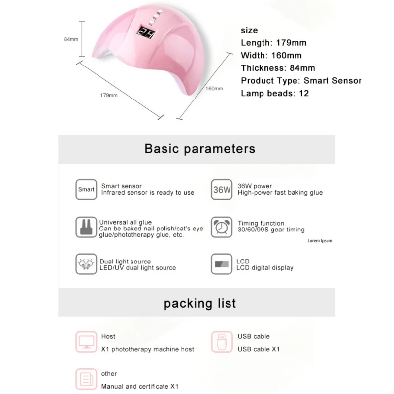 

36W LED Lamp Nail Dryer 12 Leds UV Lamp for Drying Gel Polish Auto Sensor Manicure Tools I