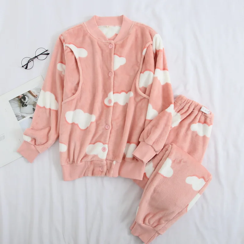 M0063 pink Осенне-зимняя новая Теплая Одежда для беременных кормящих женщин, толстая Фланелевая Пижама для кормящих, пижамы с облаками, комплект из 2 предметов для кормящих матерей - Цвет: M0063 pink