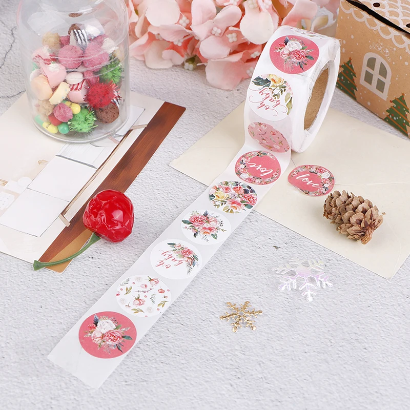 

500 Pcs Pink Flower Stickers Rolls Cute Stickers Labels For Gift Box Wedding Party Scrapbooking Envelopes Seal Stickers