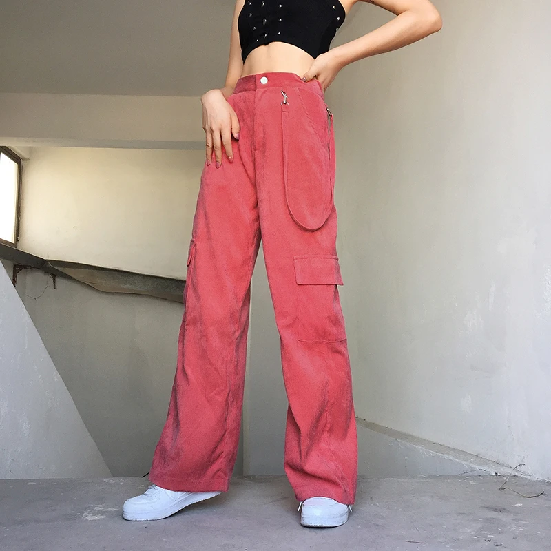 

Vintage Corduroy High-waisted Straight Pants Loose-fitting Cargo Pants Wide-legged Trousers Spring Clothing Women 2021