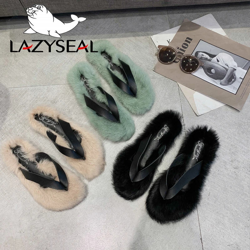 LazySeal обувь с разноцветным мехом; женские Вьетнамки; Новинка; Модные женские домашние тапочки на Плоском Каблуке; сезон осень-зима; женские шлепанцы без задника