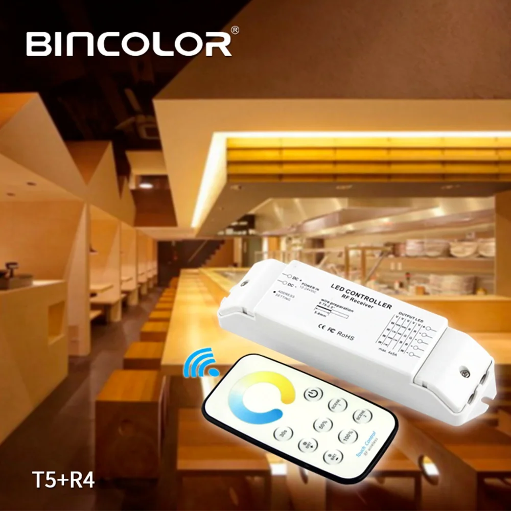 

Bincolor T5+R4 Led CW-NW-WW CCT Led Dimmer Receiver Controller+RF Wireless Remote For LED Strip Light Lamp,DC12V-24V