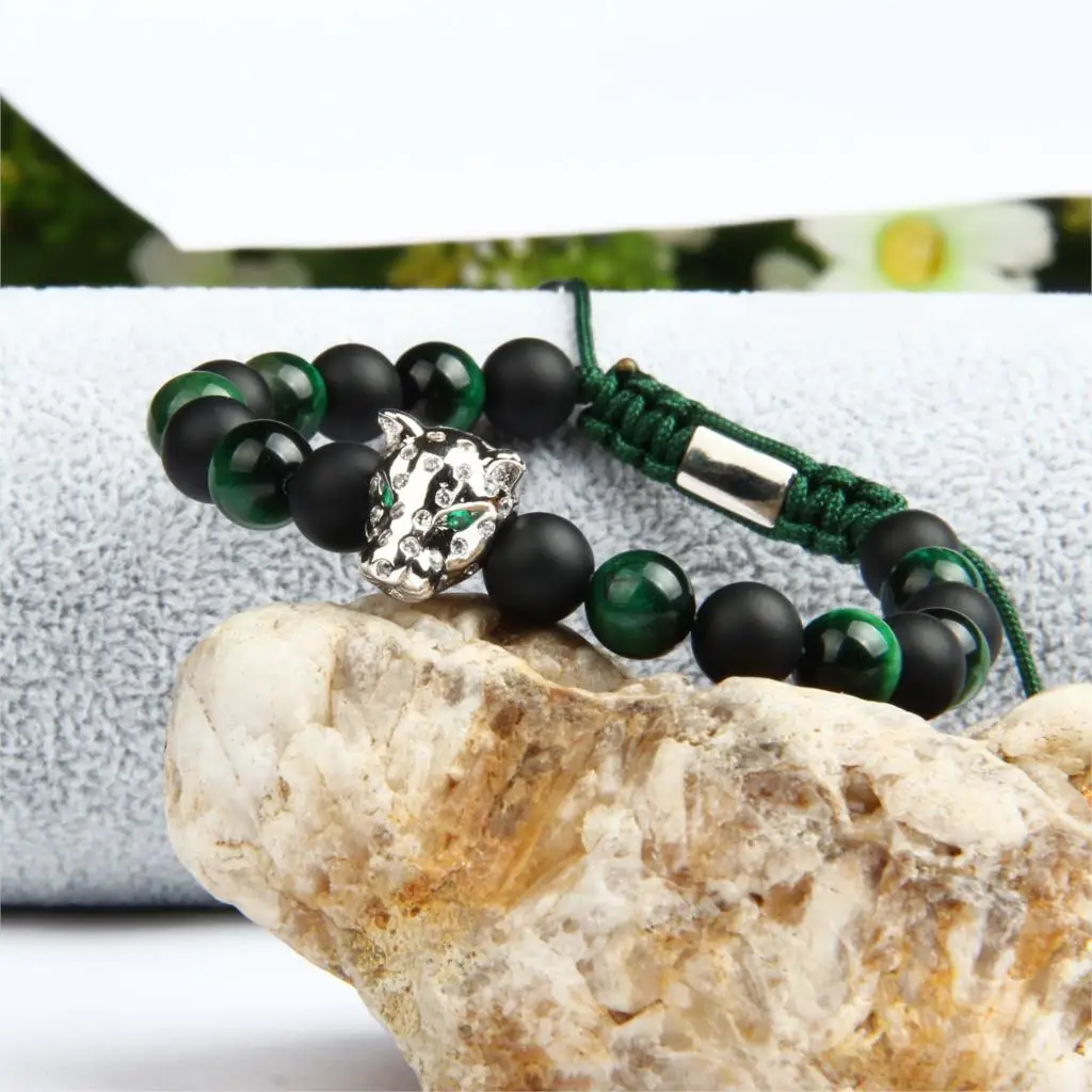 Мужской леопардовый браслет Ailatu с фианитами 8 мм натуральный матовый оникс и
