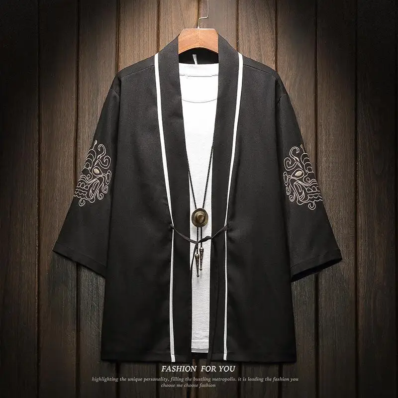 Летняя Новинка для мужчин Haori одежда Винтаж Китайский дракон солнцезащитный крем классический кардиган блузка кимоно топ азиатского Аниме Косплей рубашка 5XL - Цвет: Style J