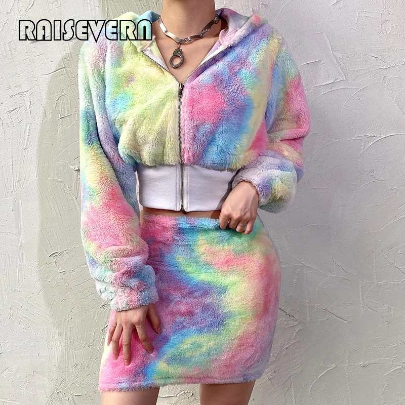 Tie Dye толстовки зимние пальто брюки Юбки наборы Cami женские свободные молнии худи с