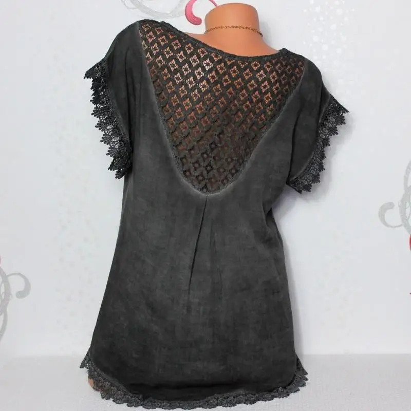 

Elegant Linen Cotton Women Loose Shirt Summer V Neck Short Sleeve Blouse Shirts Casual Floral Print Ladies Tops Blusa Pullovers