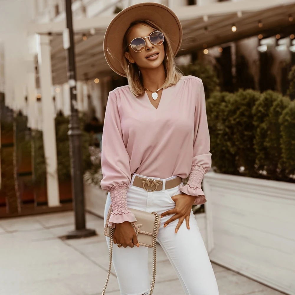 

Autumn Casual Solid Shirt Women Winter Long Sleeve Simplicity Blouse Elegan Office Lady V-Neck Pullover Fashion Tops Streetwear
