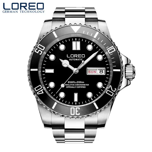 Steel band 3 200 м водонепроницаемые автоматические спортивные часы LOREO мужские часы лучший бренд класса люкс сапфировый Календарь Неделя светящийся полный стальной ныряющий часы - Цвет: Steel band 3