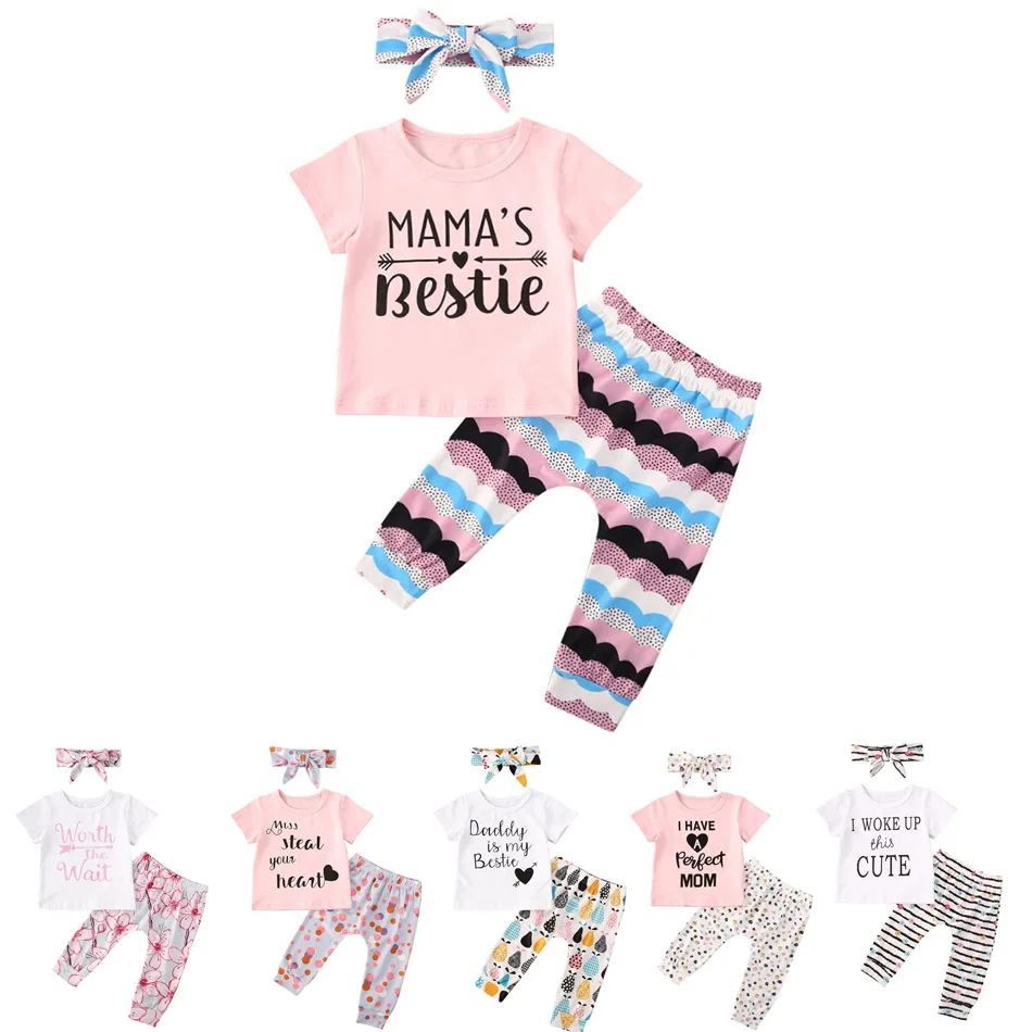 Фото - Newborn Baby Girl Clothes Set Cartoon Letter Printed Short Sleeve Tops Floral Pants Headband 3Pcs Outfits Infant Clothing JYF infant baby girl cotton print clothes newborn letter print long sleeve leopard pants headband set 3pcs toddler clothing outfits