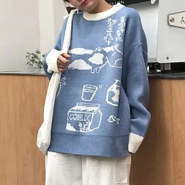 

Oversize Knitted Sweater Winter Women'S Cute Cow Print Pattern O-Neck Loose Japanese Style College Style Casual Women'S Pullover