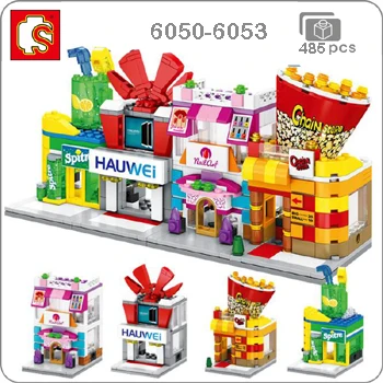 6050-6053 Sembo Mini City Street, кофейная пицца, хижина, магазин, ресторан, Китай, городской набор, 3D модель, блоки, строительные игрушки для детей, без коробки - Цвет: 6050-6053