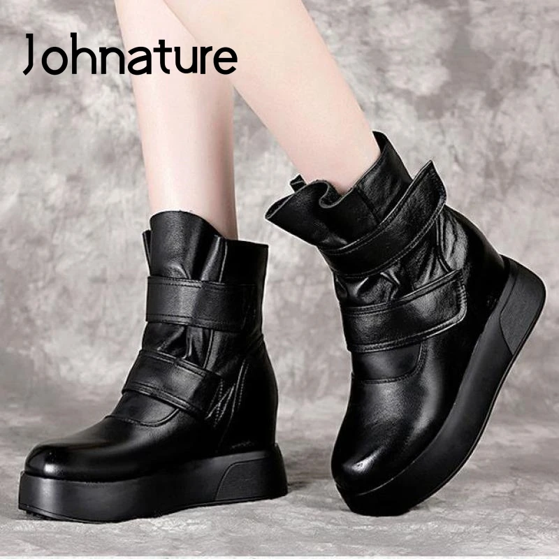 

Женские ботинки из натуральной кожи Johnature, на липучке, повседневные ботинки ручной работы, увеличивающие рост, на платформе, для зимы, 2022