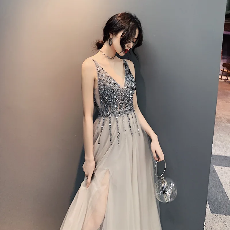 

Thin V-neck sexy beaded sequin long wedding dinner annual party birthday party party dress skirt