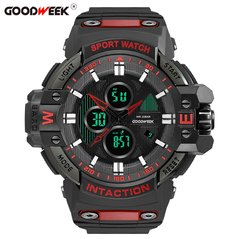 blackred GOODWEEK многофункциональные военные мужские спортивные часы водонепроницаемые ударные светодиодные цифровые часы двойной дисплей часы Reloj Hombre - Цвет: blackred