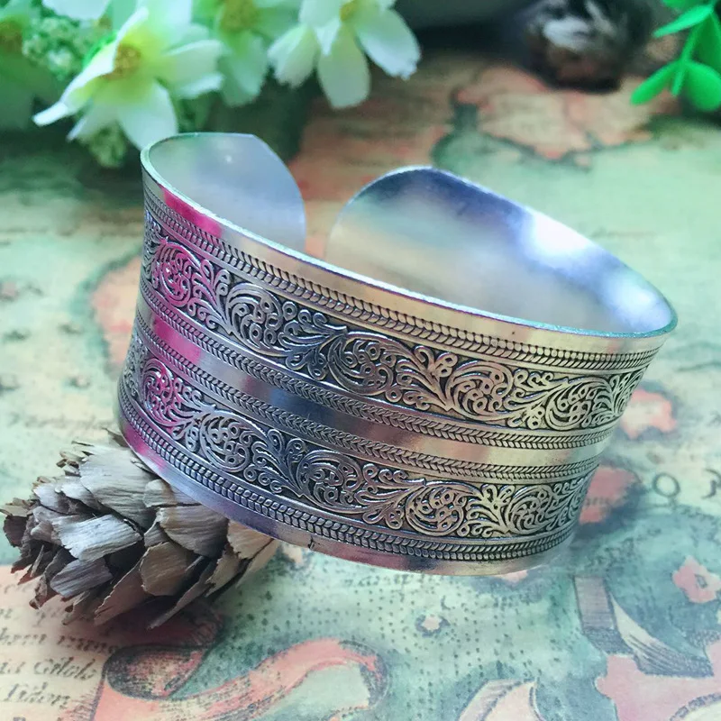 1 шт. этнический Ретро Серебряный Бронзовый Pulseira резьба цветок широкая цепь C