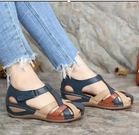 

women's sandals 2021 Summer Retro Round Toe Wedge Cross Strap Large Size 43 Sandals Chaussure Femme Sandalias De Las Mujeres