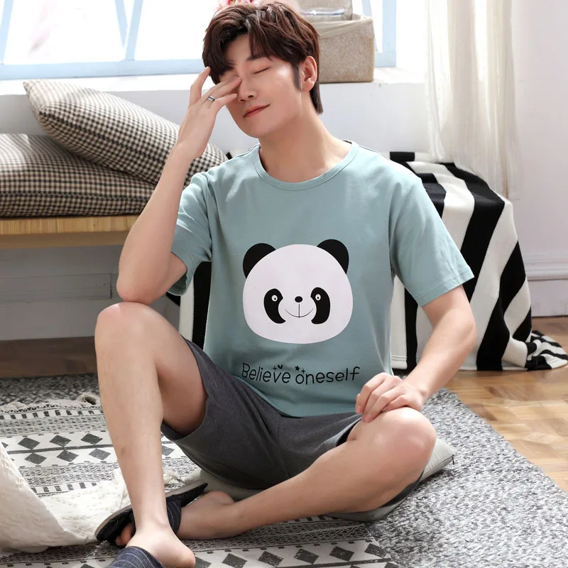 Мужская пижама с коротким рукавом Yidanna Хлопковая круглым вырезом и принтом