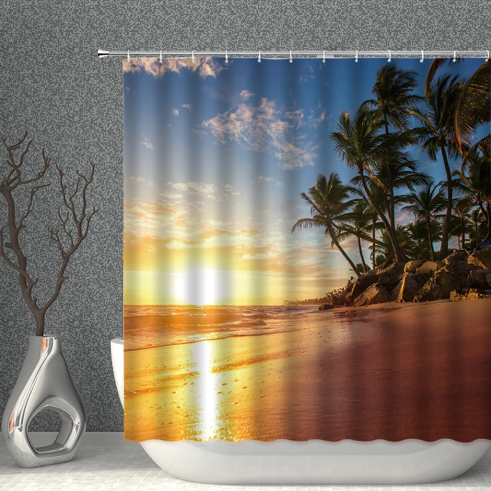 

Закат Вечеринка занавеска для душа пляж лист Дерево растение узор водонепроницаемый полиэстеровый тканевый фон Стена для дома ванной комн...