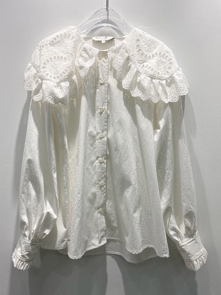 

French Vintage Embroidery Hollow Lace Large Lapel Cotton White Shirt Long Lantern Sleeves 2020 Autumn New All-Match Top
