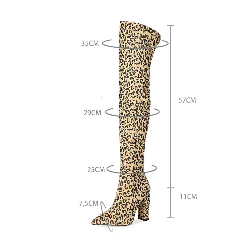 

Sexy Leopard Women Stretch Boots Square High Heel Over The Knee Boots Fashion Slip On Pointed Toe Autumn Winter Shoes Woman