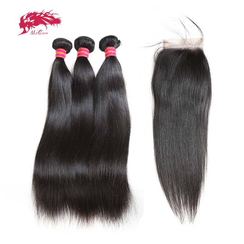 Ali Queen Hair Brazilian Straight Virgin Hair Bundles With Closure Bundle With 4x4 Transparent HD Lace Closure With Baby Hair