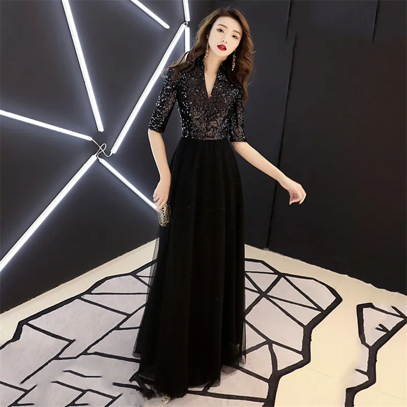 Черные вечерние платье темперамент Queen Белый блесток размера плюс длина до пола