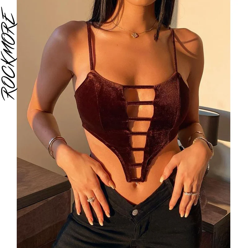 

Rockmore Brown Hollow Out Corset Tops Women Y2K Vintage Velevt Backless Crop Tank Top Sexy Bodycon Milkmaid Party Camisole 2022