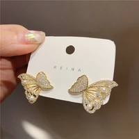 925 silver needle korean new two pearl diamond earrings butterfly fairy temperament sweet earrings jewelry