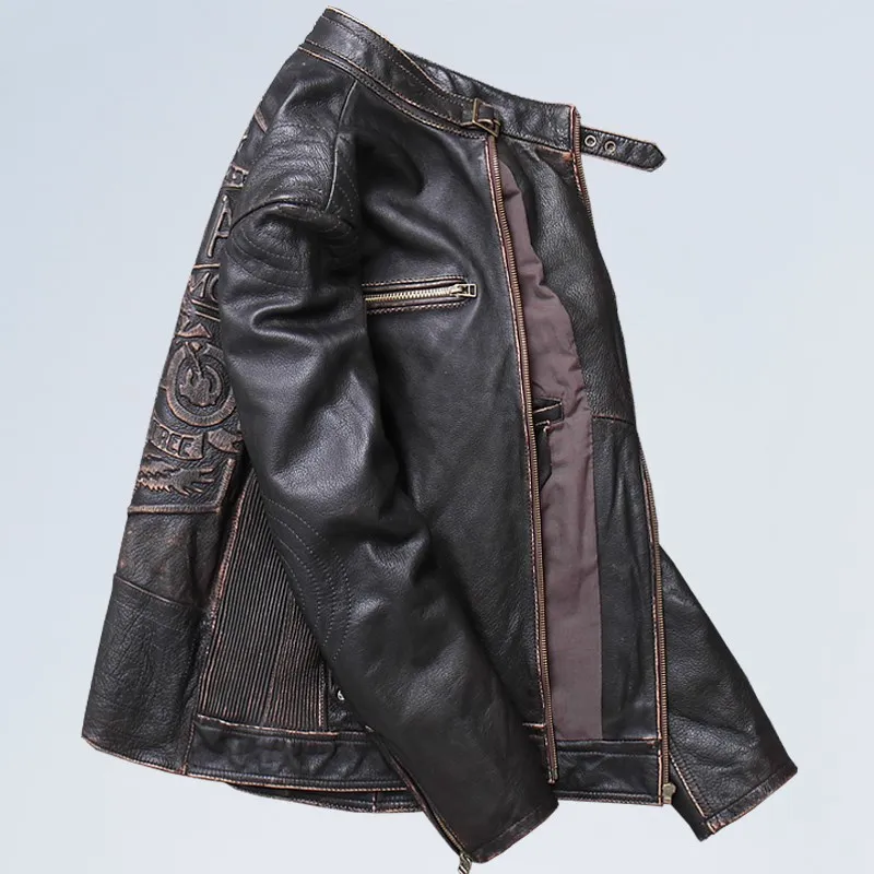 

Vintage Black 2020 Men American Style Motorcycle Leather Jacket Plus Size XXXL Genuine Cowhide Slim Fit Biker's Leather Coat