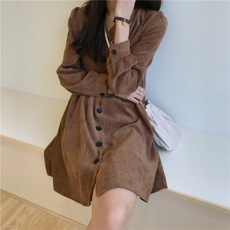 Повседневное осеннее женское платье винтажное милое однотонное мини-платье на