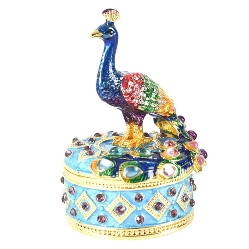

MXMF Trinket Box Metal Enameled Collectables Wedding Jewelry Ring Holder Organizer Hinged Hand-painted Figurine Peacock
