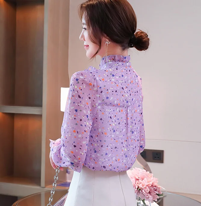 

Spring 2021 Elegant Printed Chiffon shirt New Long-sleeved Women Tops Fashion Ruffles Chiffon blouse Blusa