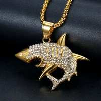 european and american fashion hip hop hiphop titanium steel gold plated diamond inlaid white shark pendant necklace