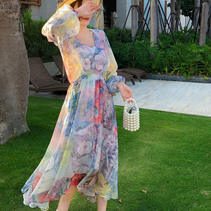 

Bohemian Beach Dress 2021 Summer Hwaii V Neck Long Sleeve Loose Print Chiffon Sundress Women Holiday Vacation Dress