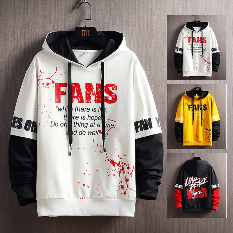 

Streetwear Men Hoodie Letter Printing Hooded Sweatshirts Men's Patchwork Hip Hop Hoodies High Street Fashion Pullover Male Tops