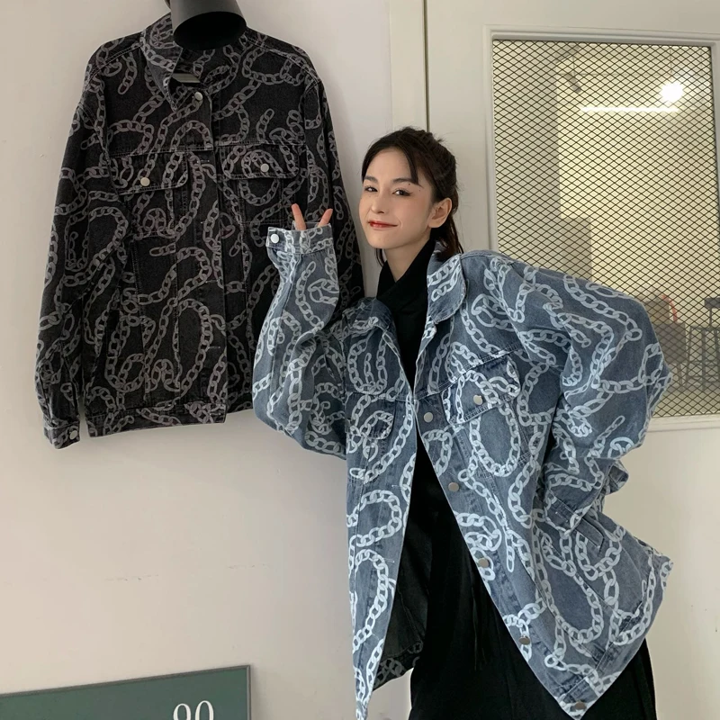 Женская джинсовая куртка в стиле Харадзюку универсальная Свободная с узором