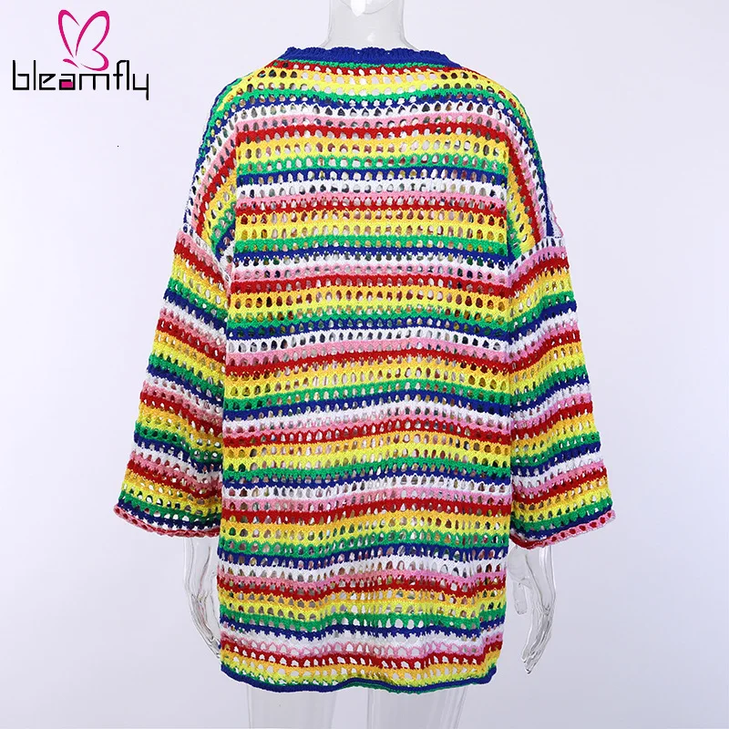 Осенне-зимний женский вязаный свитер с круглым вырезом в радужную полоску топы