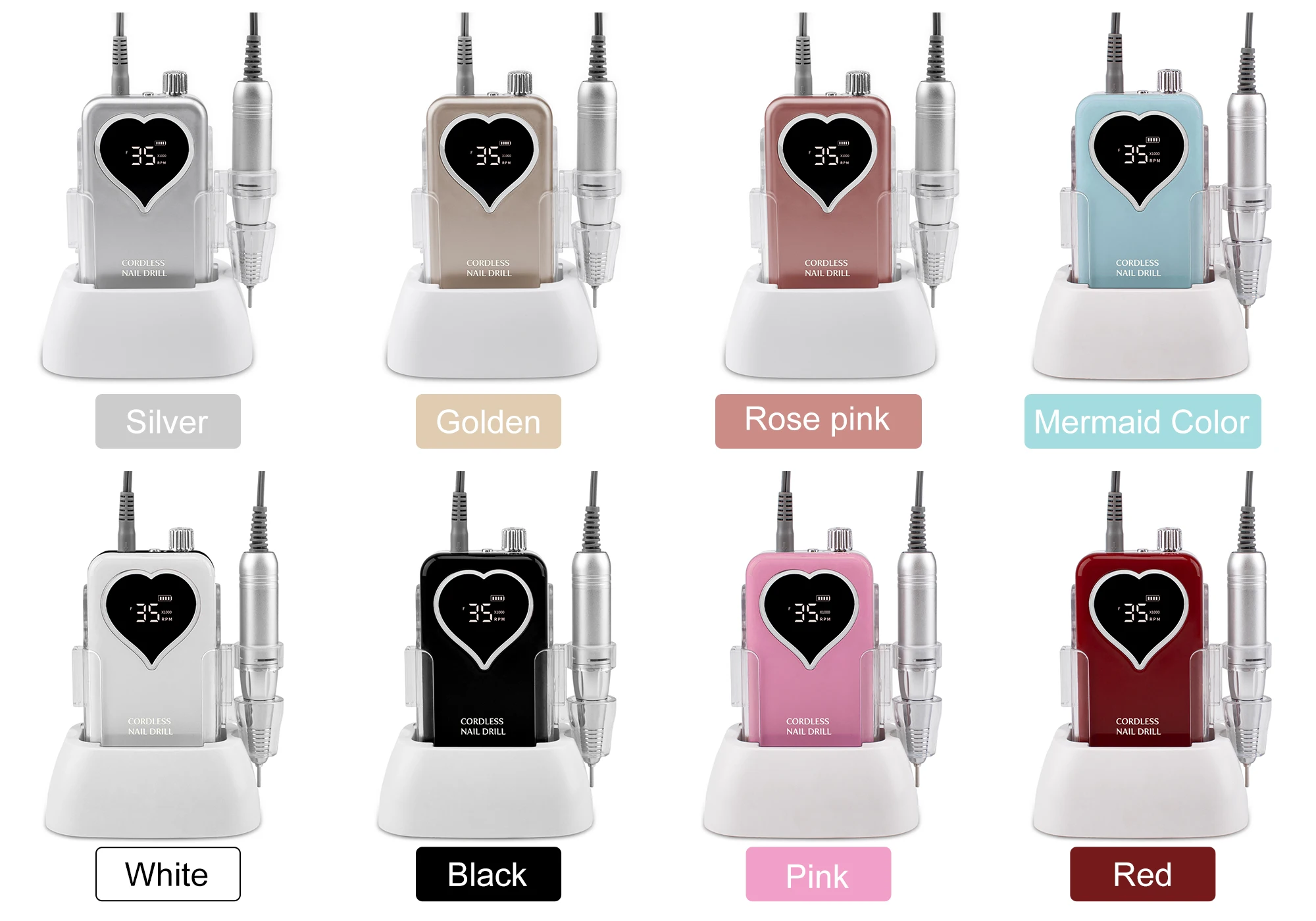 LED Logo Heart Nail Drill Rechargeable Desktop Base 35000RPM Manicure Electric Machine Nail File Pedicure Cordless Drilling
